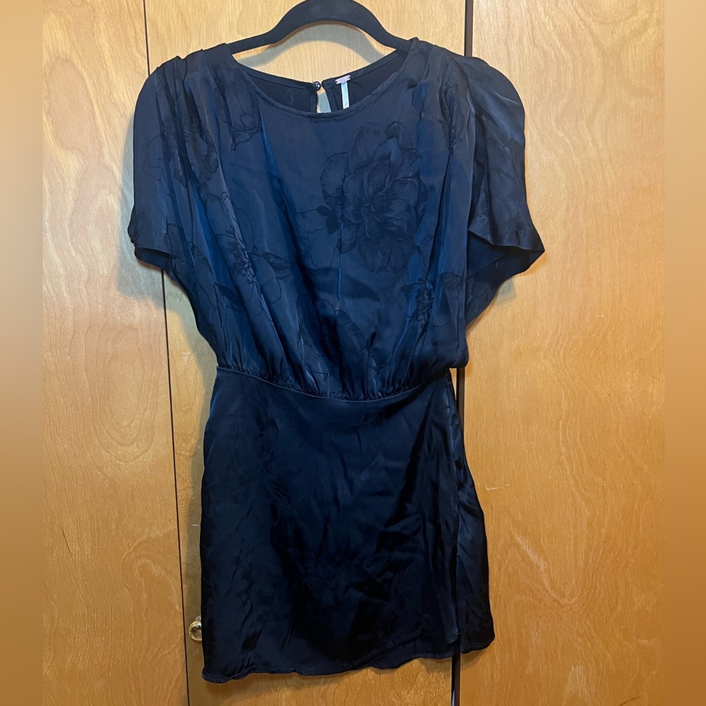 Free people black satin jacquard floral mini dress size 0